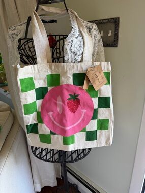 Pink Strawberry Smiley Canvas Tote with Green Checkerboard